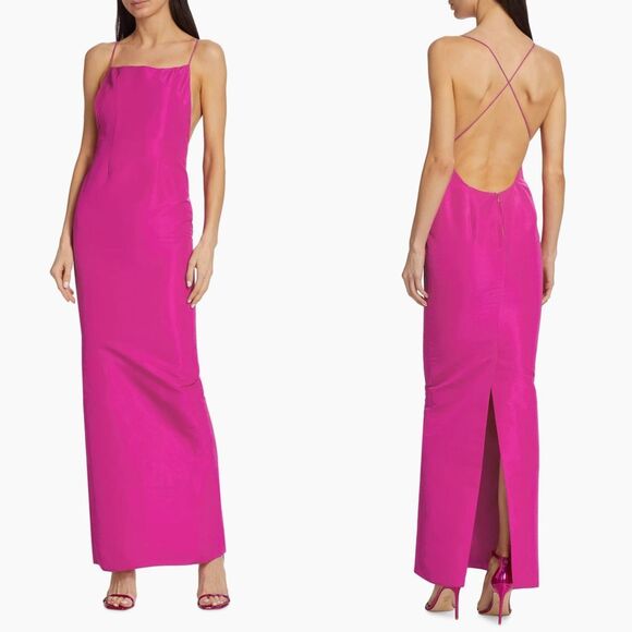 NWT Laquan Smith Square Neck Silk Lined Open Back Evening Gown Fuchsia Large $32 - Picture 1 of 11